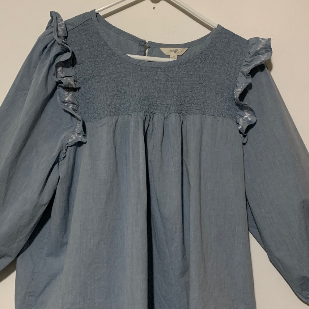 Terra Sky Blue Embroidered Boho Blouse with Ruffles - Picture 2 of 8
